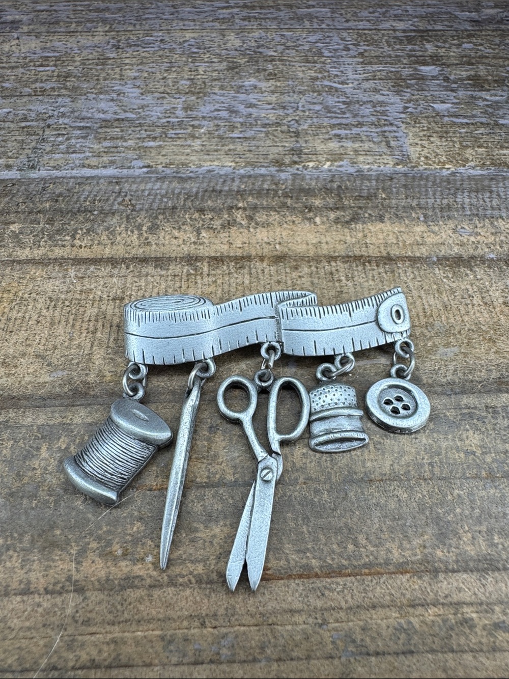 Silver Toned Sewing Tools Charm Pin Brooch